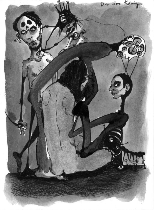 Surrealistische Zeichnung von Gunnar Berndt, betitelt "der irre König"